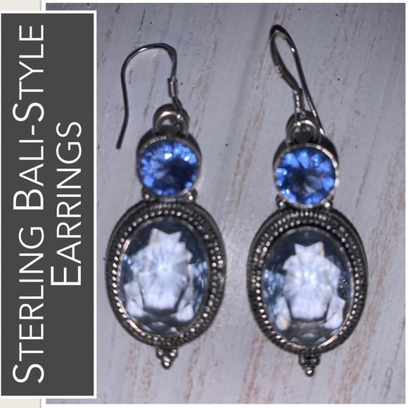 Sterling Earrings Set with Blue Stones - Bali-style with Bead Detailing - Picture 2 of 8